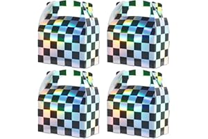 FUNNYPARS 24 Pcs Iridescent Checkered Race Car Party Favor Gable Boxes, Paper Black and Iridescent Car Goodie Treat Boxes, Racecar Laser Plaid Gift Box for Kids Fast Race Cars Birthday Party Decorations