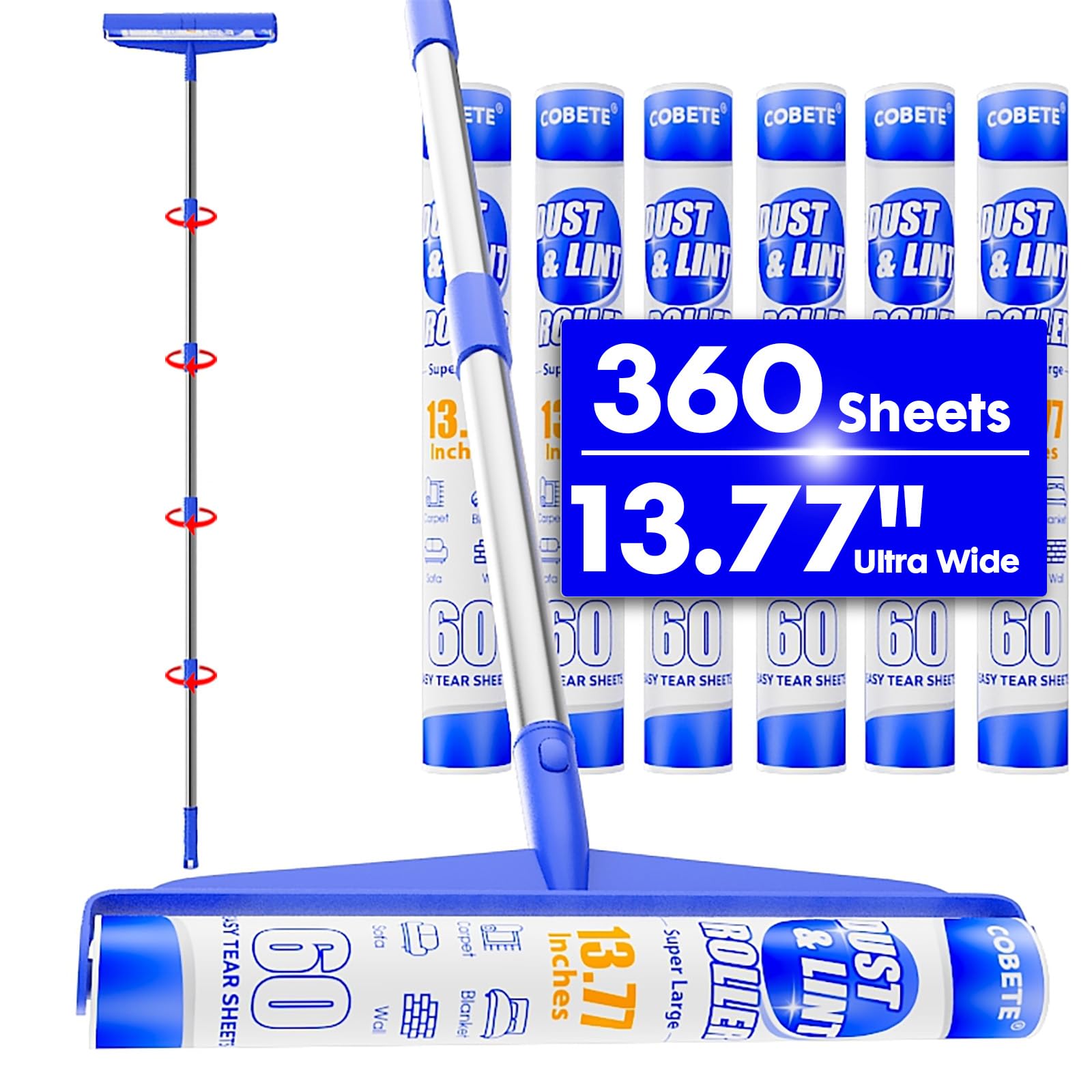 Photo 1 of COBETE 13.77" Large Extra Sticky Lint Roller, 69.88" Long Handle Lint Remover with 6 Rollers for Clothes, Cat Dog Pet Hair, Furniture, Couch, Carpet, Floor?Painted Wall Cleaner Mop Dust Cleaning