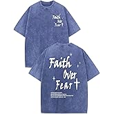 Lubpow Christian Shirts for Men Faith Over Fear Acid Wash Tshirts Faith Religious Tees God Bible Verse Inspirational Tops