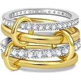 TLY Gold Silver Stackable Rings for Women Mixed Metal Interlocked Statement Ring Stack 14K Gold Plated Cubic Zirconia Fashion