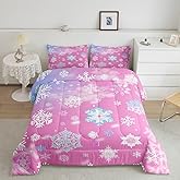 Erosebridal Pink Christmas Bedding Pastel Snowflake Full Comforter Set for Kids Girls Women Cute Winter Holiday Bedding Comforters Kawaii Christmas Room Decor,Cute Xams Bed Duvet Set 2 Pillow Cases