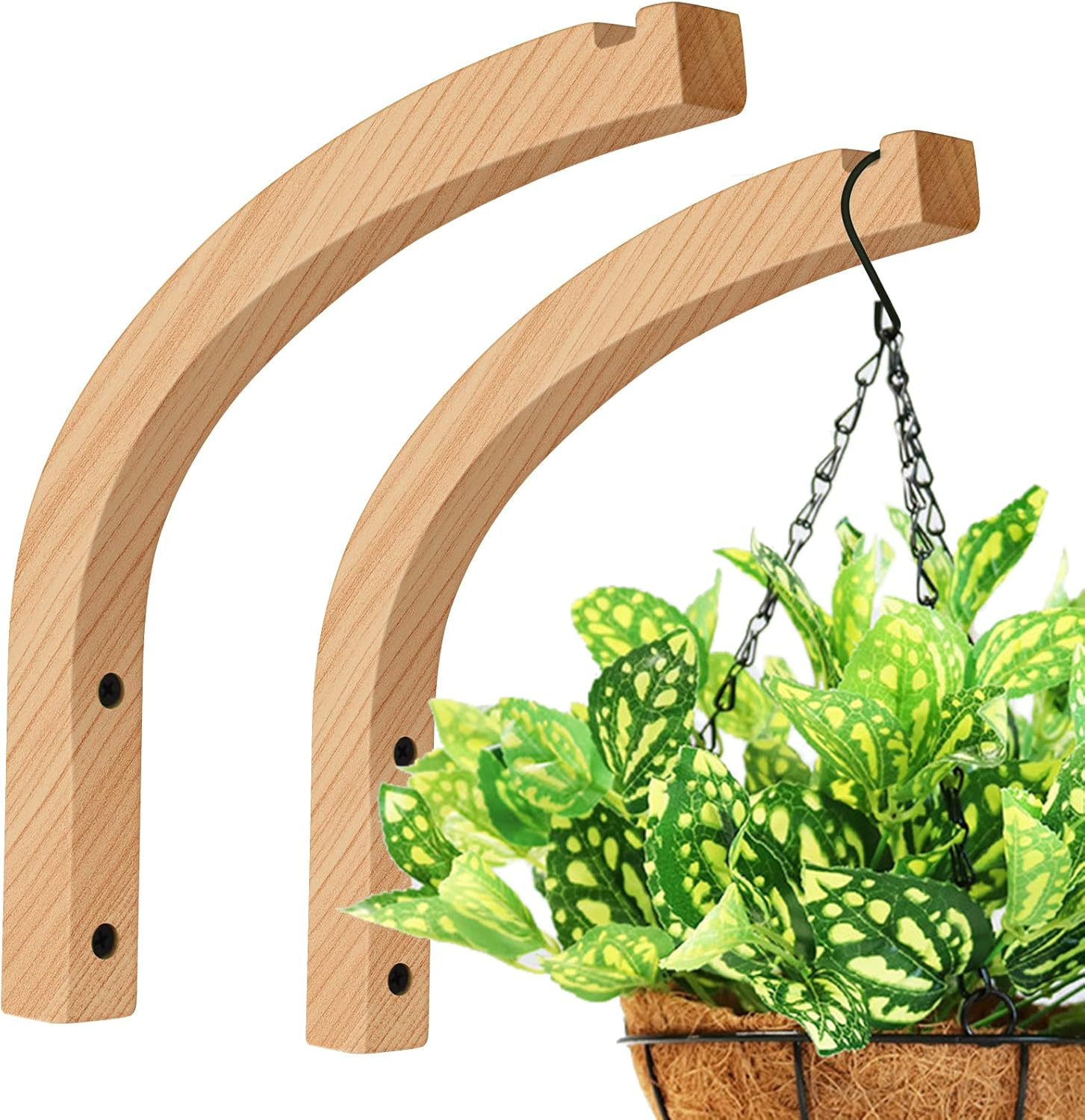 Outdoor Hanging Brackets - FGSAEOR Plant Hanger, Wall Planters for Indoor Plants, Wooden Wall Mounted Hanging Plant Hooks, Basket Hooks for Lanterns, Flower Bracket, Wind Chimes, Decoration (2-Pack,8-Inch)