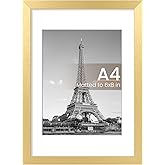 upsimples A4 Picture Frame, Display Pictures 6x8 with Mat or 8.3 x 11.7 Without, Wall Hanging Photo Frames, Gold, 1 Pack