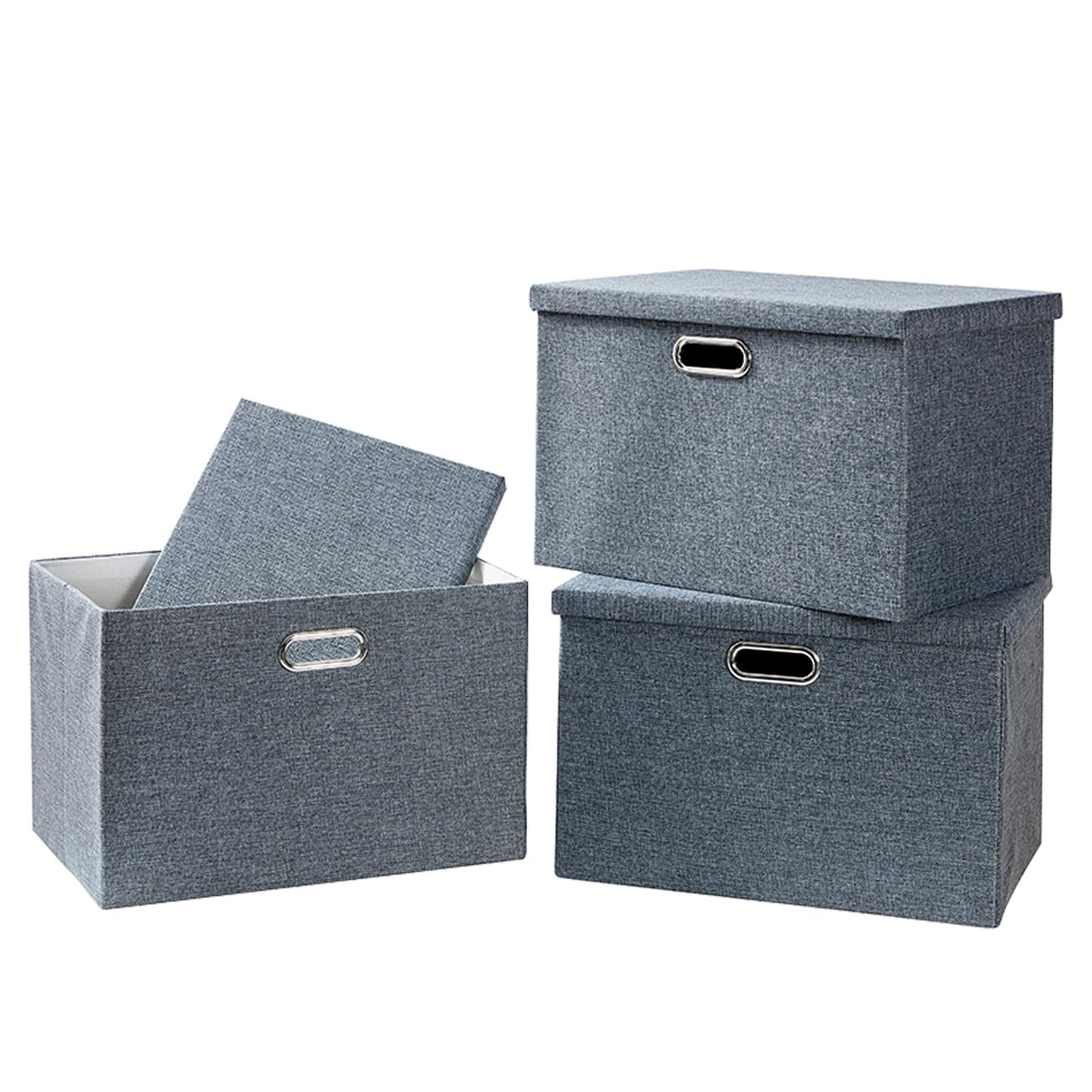 AlphaHome Fabric Storage Boxes with Lids [3 Pack], Foldable Linen Fabric Storage Baskets for Organising Clothes and Toys (Slate Grey, Large)
