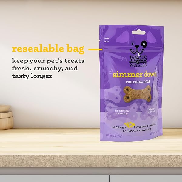 WAGS & WIGGLES SIMMER DOWN CALMING TREATS FOR DOGS, CHICKEN FLAVOR, 5.5 OZ RESEALABLE BAG | HELPS MAINTAIN RELAXATION | FUNCTIONAL TREATS FOR DOGS WITH LAVENDER AND CHAMOMILE