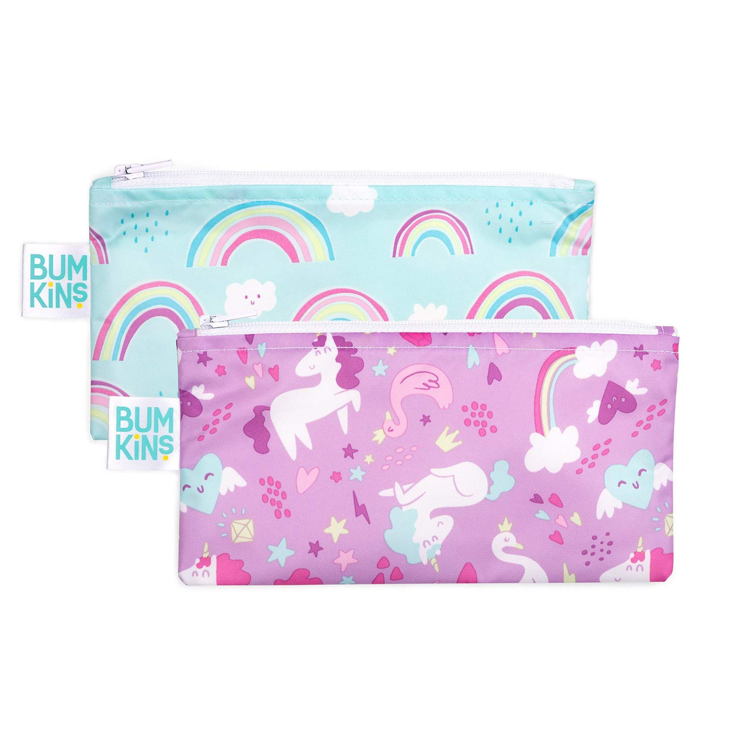Bumkins Snack Bags, Reusable, Washable, Food Safe, BPA Free, 2-Pack – Unicorns & Rainbows