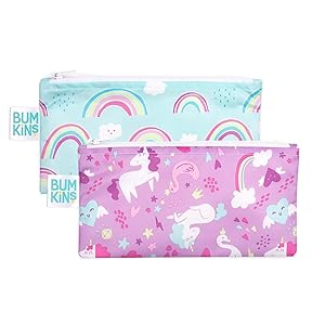 Bumkins Snack Bags, Reusable, Washable, Food Safe, BPA Free, 2-Pack – Unicorns & Rainbows