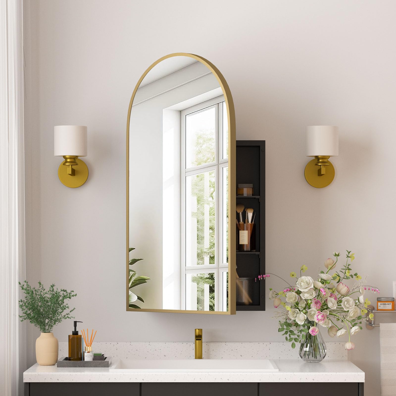 Photo 1 of ***HAS DAMAGES (DENTS SCRAPES &SCRATCHES) *** Medicine Cabinets for Bathroom, Brush Gold Arched Medicine Cabinet Recessed or Surface Wall-Mounted,Modern Bathroom Vanity Mirror with Storage, Mirrored Cabinet with Adjustable Shelves,16x31 Inch