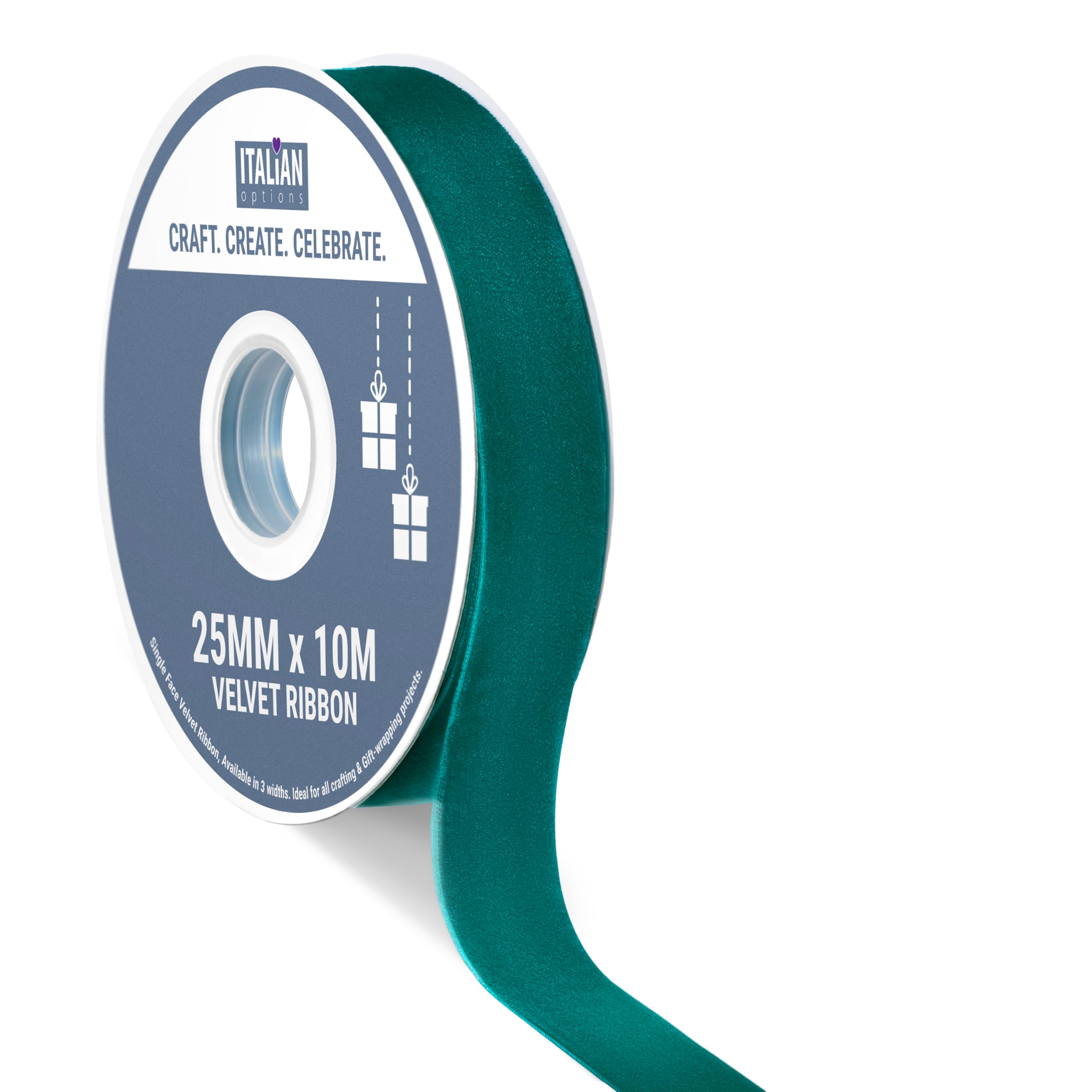 Italian Options Velvet Ribbon, Luxury, Single-Face Velvet Ribbon for Crafting, Christmas, Bows, Hair, Cakes, Weddings, Ornaments, Gift Wrapping, Flowers, 25mm x 10 Metre Roll, Vintage Teal