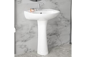 HOMLYLINK Pedestal Sink White 3 Hole, 21 x 19 Inch Bathroom Pedestal Sink Combo, 1 Overflow Hole, 3 Faucet Hole @ 4 Inch, Pure White Porcelain, Semi-Circular, for Bathroom, Laundry