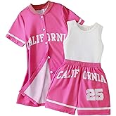 Hilinker Girls 3 Piece Outfits Graphic Tank and Short Sleeve Cardigan with Shorts Set