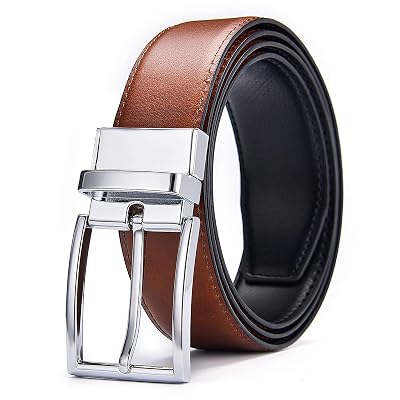 DWTS Mens Belt Adjustable Reversible Genuine Leather Dress Belt for Men with Rotated Buckle Trim to Fit