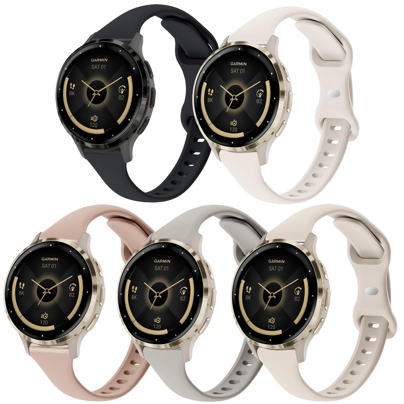 TUCOMO 5 Pack Slim Silicone Watch Bands Compatible with Garmin Venu 3S /Vivoactive 4S /Venu 2S / Vivomove 3S,18mm Thin Soft Narrow Sport Replacement Wristband Straps for Garmin Forerunner 255s/265S