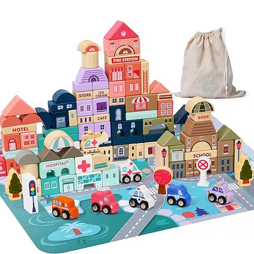Lewo 115 PCS Wooden Building Blocks with City Map Construction