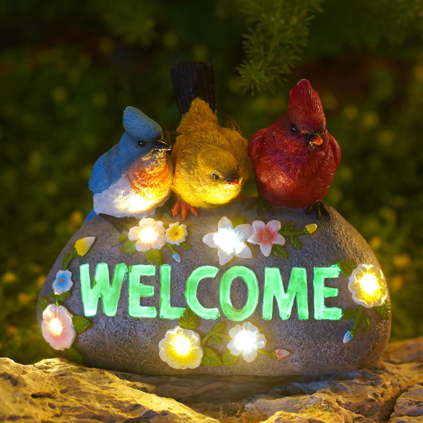 Photo 1 of Solar Bird Statue for Garden Decor: Welcome Sign Outdoor Lawn Home Window Decor Figurines for Patio/Balcony/Yard Art/Lawn Ornament Family Bird Garden Gifts for Bird Lover