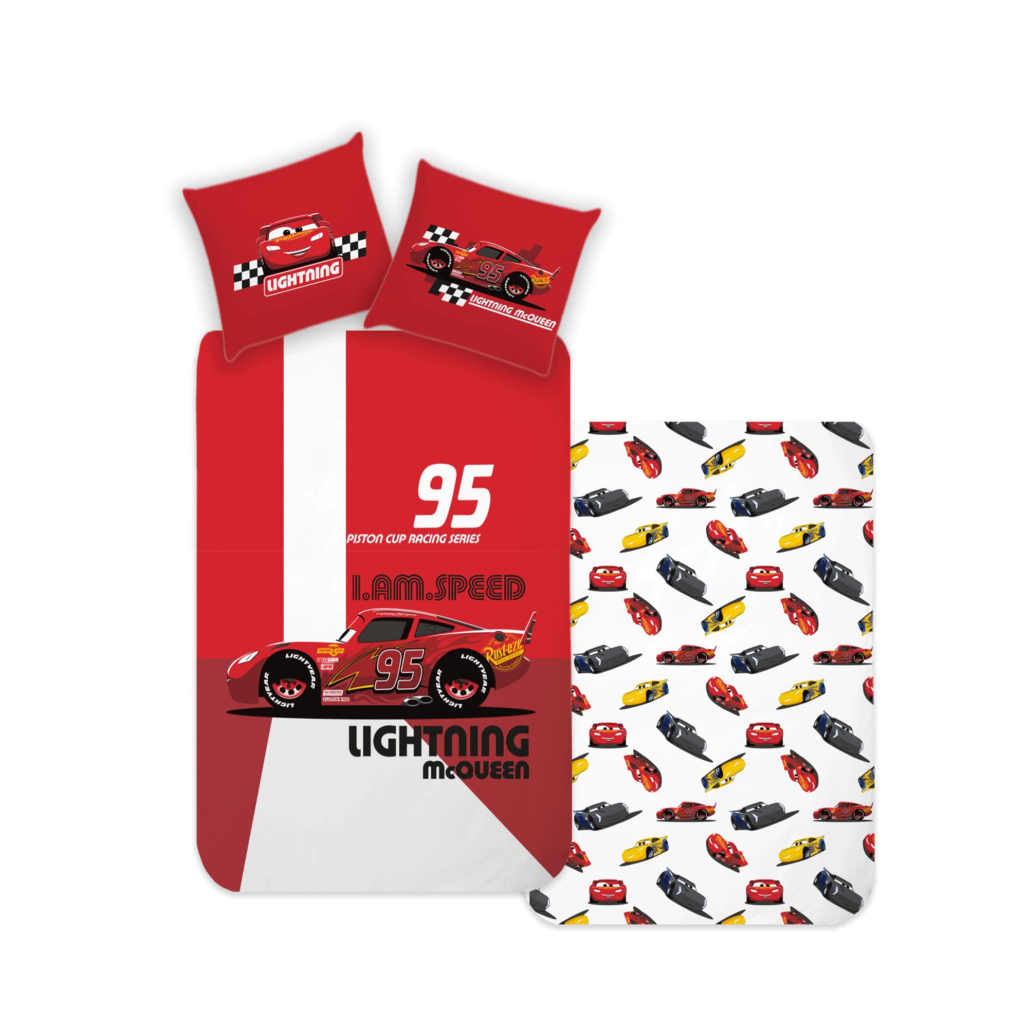 Disney Home Cars Children's Reversible Bed Linen Set, 135 x 200 cm, Pillowcase 80 x 80 cm, Super Soft Renforcé 100% Cotton, 2-Piece Cars Bed Linen, Soft and Comfortable on the Skin