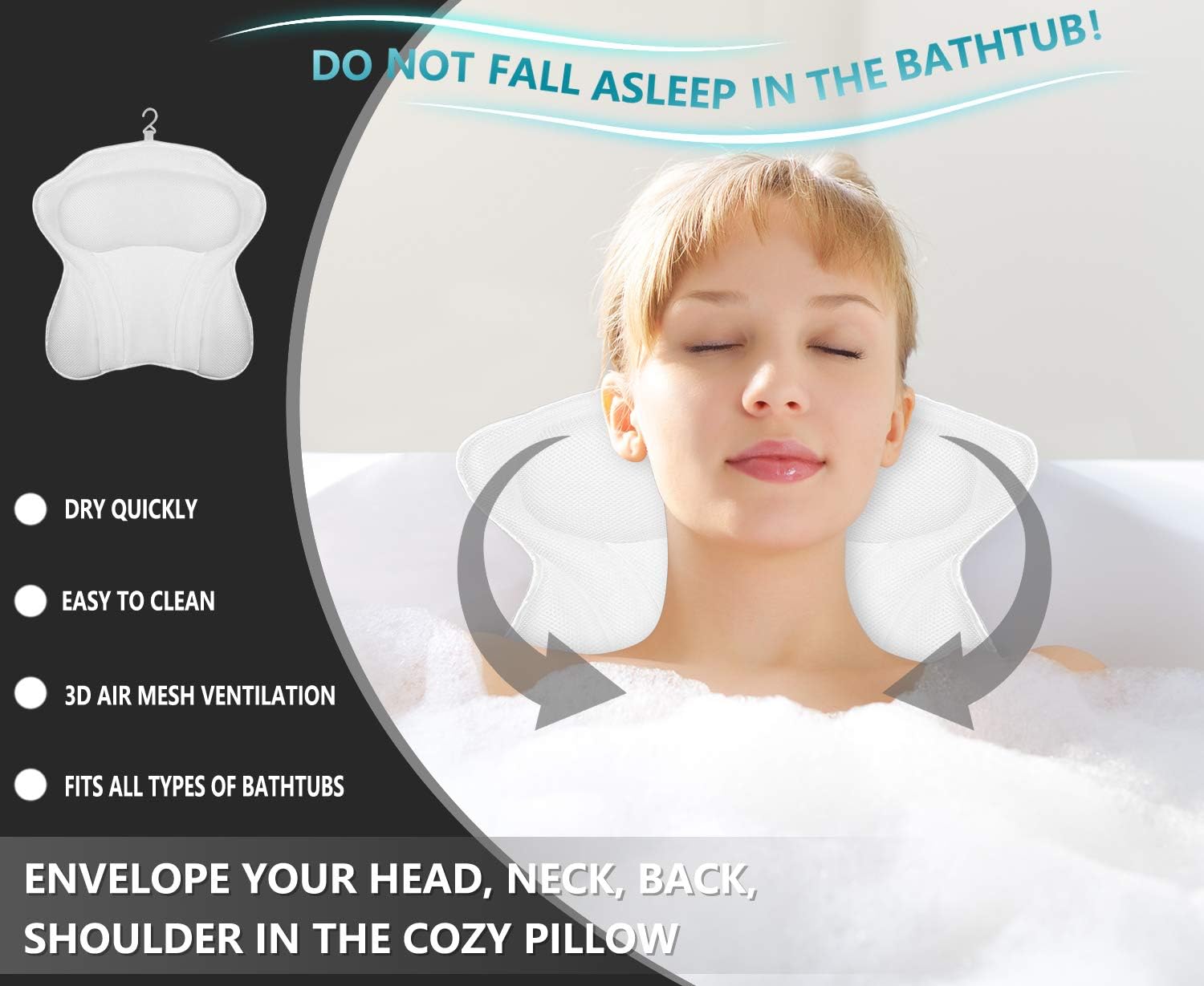 Yimobra Luxurious Spa Bath Pillows for Head Shoulder Neck Support, Bathtub Cushion with Suction Cup, Spa Pillow for Soaking Hot Tub, Comfort, Machine Washable, Quick Dry, Bath Accessories, 17x16 Inch : Beauty