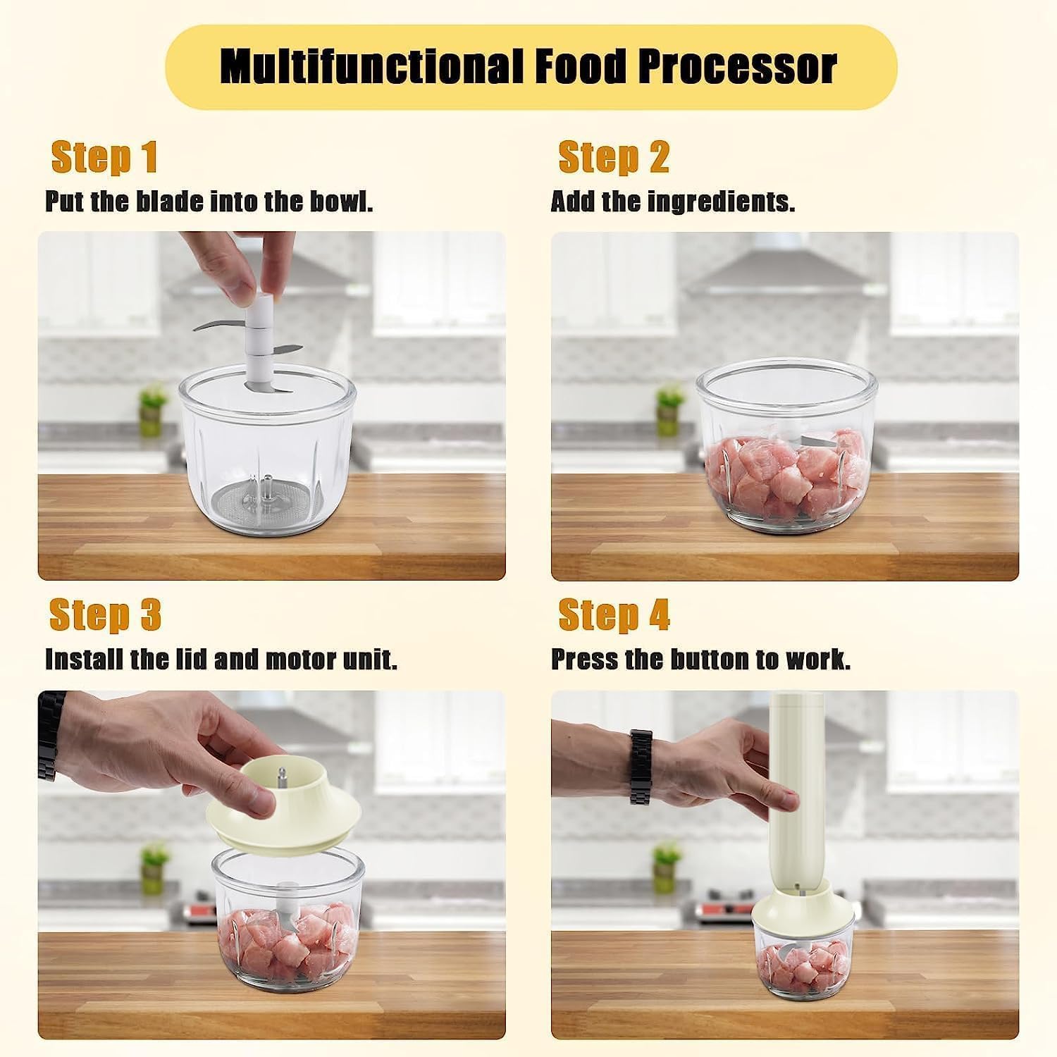 3-in-1 Elektrischer Schneebesen, PowCube Handmixer, Kleiner Kabelloser Stabmixer, Mini Zwiebelhacker 300ML, Wiederaufladbarer Elektrischer Schneebesen, Tragbarer 4-Gang-Handmixer 8