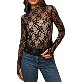 Sheer Mesh Long Sleeve Layering Top for Women Mock Neck Floral Lace Tshirt See Through Shirt Blouse Undershirt