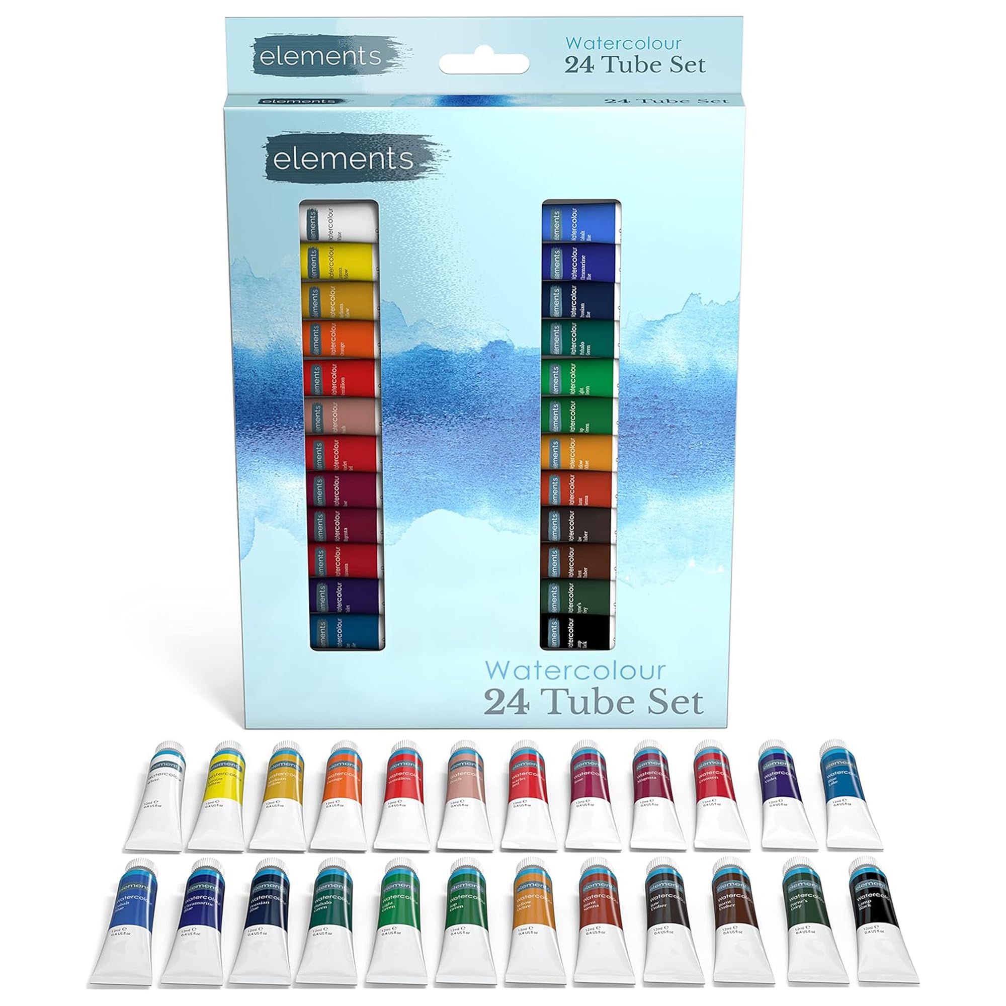 Elements Watercolour Tube Set - Paint Tubes Highly Pigmented Professional Watercolour Paint for Beginners and Artists (Pack of 24)