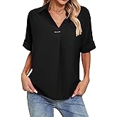 Poplab Women's Dressy Casual Tops Loose Fit Short Sleeve Work Blouses Collared V-Neck Dress Shirts