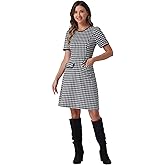 Allegra K Plaid A-Line Dress for Women's Crewneck Contrast Trim Elegant Houndstooth Dress