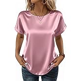 Zeagoo Satin Blouse for Women Business Casual Outfit Short Sleeve Tops Crewneck Tshirt Silk Shirt Summer Clothes