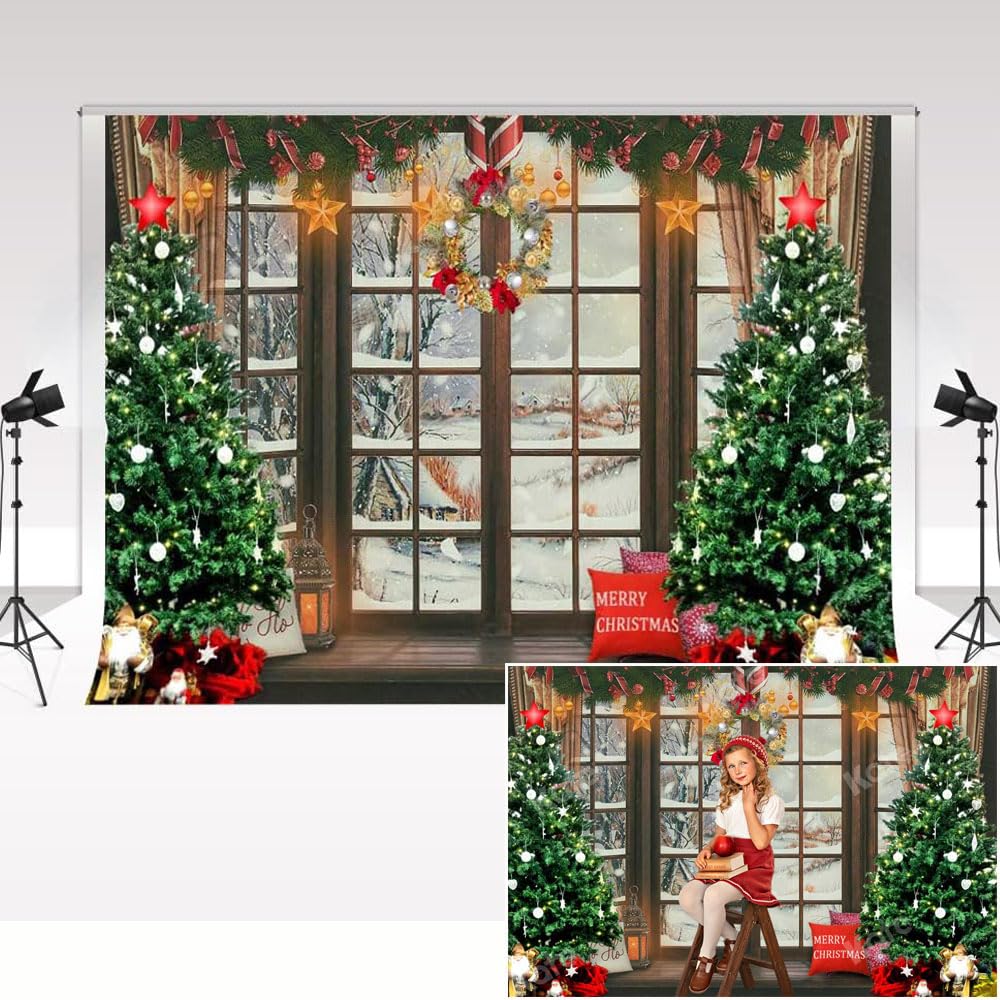 Kate Christmas Decoration Background 3 * 2m X-mas Shop Window Decoration Props Family Portrait Photo Booth Winter floor-to-eiling Windows Snow Scene Large Merry Christmas Backdrop