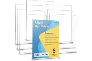 ARGVEY 8 Pack Acrylic Sign Holder 8.5 x 11 Vertical, Clear T Shape Table Menu Display Stand, Multi-function Plastic Double-Sided Paper Picture Frames Flyer Document Holder for Displaying