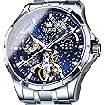 OLEVS Men's Automatic Mechanical Watches Luxury Dress Waterproof Self Winding Moon Phase Chronograph Stainless Steel Luminous Date Tourbillon Wristwatch for Men