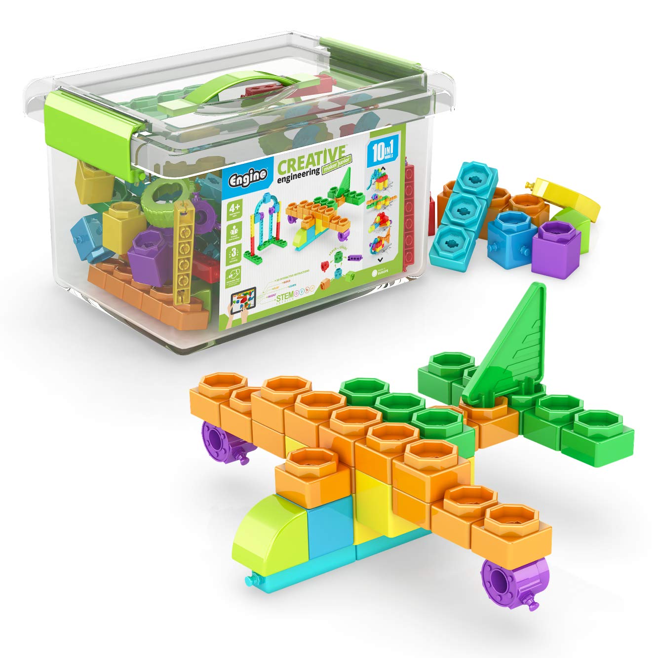 Engino - Creative Engineering Maker Junior 10 Models Set | STEAM Activities (Colouring & Numbers Learning) | Stackable Building Blocks | For Ages 3 + | Perfect for Home Learning