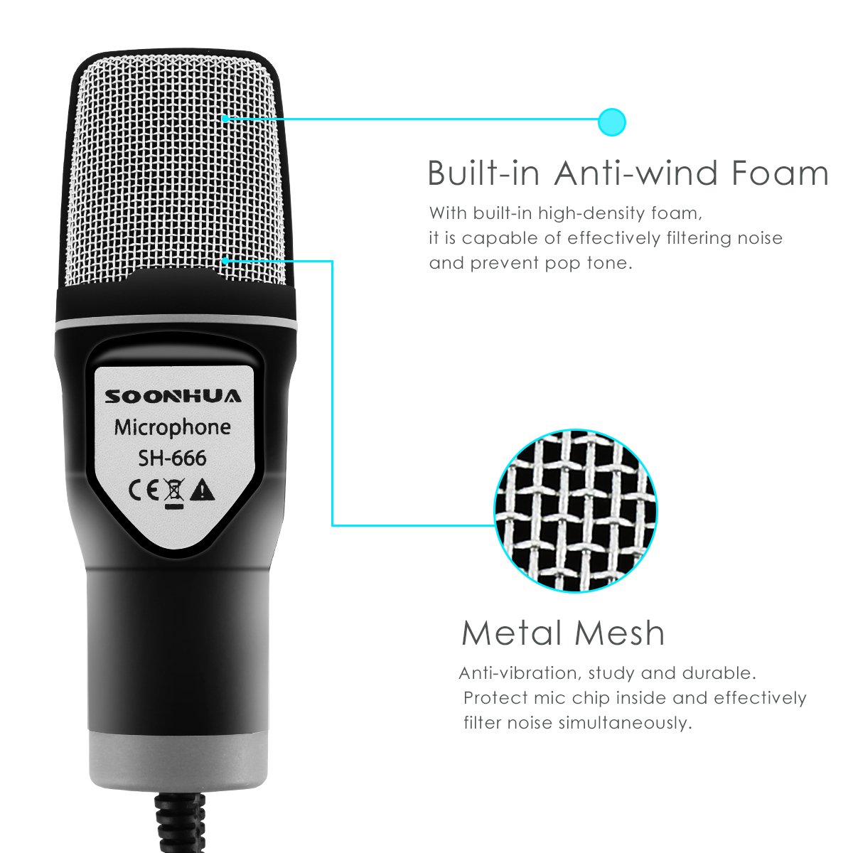 Condenser Microphone,SOONHUA 3.5MM Plug and Play