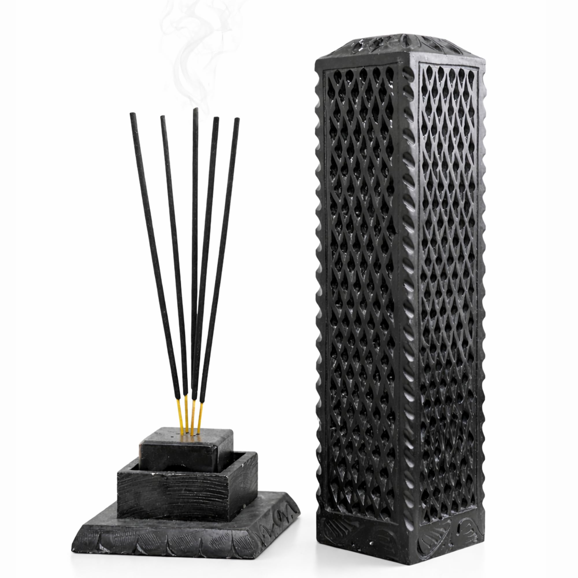 KC KULLICRAFT Handmade Marble Black Soapstone Incense Stick Burner | Candle Stick Holder | Tea Light Stand - Perfect Jaali Carving For Gifting. Decorative Home and Kitchen Decor (3 x 3 x 11 Inches).