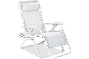 Best Choice Products Adjustable Zero Gravity Chair, Monochromatic Color Folding Patio Recliner w/Side Tray, Headrest - Snow