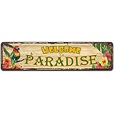 Welcome to Paradise Sign, Decorative Wall Art, Home Party Summer Decor, Hawaiian Parrot Outdoor Decor Metal Tin Sign 4x16 Inches