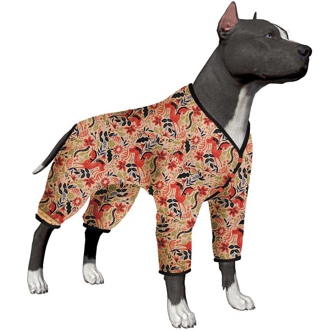 LovinPet Pitbull Pajamas/Lightweight Pullover Pajamas/Full Coverage Dog Pjs/Dog Onesie Jumpsuit/Happy Folk Horse Coral Prints/Lightweight Pullover Large Puppy Pajamas/Full Coverage Dog Pjs/M
