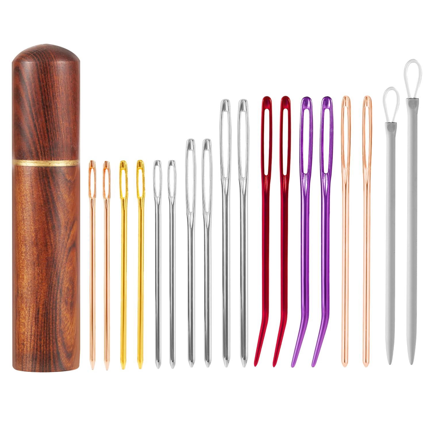 19pcs Large Eye Sewing Needles Kit, Colorful Big Eye Blunt Embroidery Needles Steel Bent Tapestry Wool Darning Hand Knitting Yarn Needle with Wooden Case for Quilting Crochet Weaving Beading Project