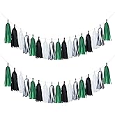 Guzon 20 Pack of Black Green Silver Party Decorations Tassel Garland Banner White Tissue Paper Tassels for Soccer Party Supplies Graduation Backdrop Men Boys Birthday Jungle Theme Banner