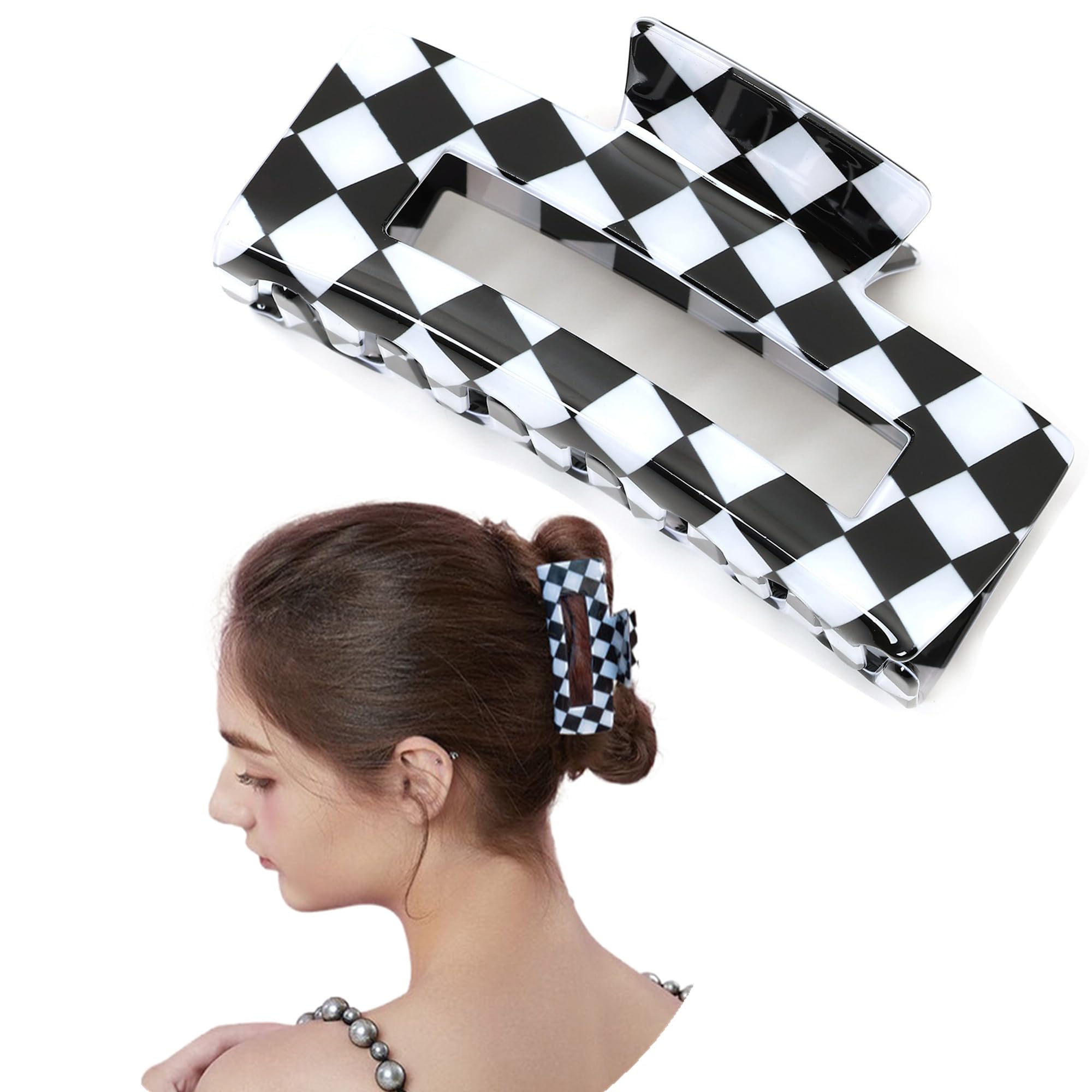 Large Hair Claw Clips for Women Checkered Big Claw Hair Clips for Thick Hair Rectangle Non Slip Hair Jaw clips