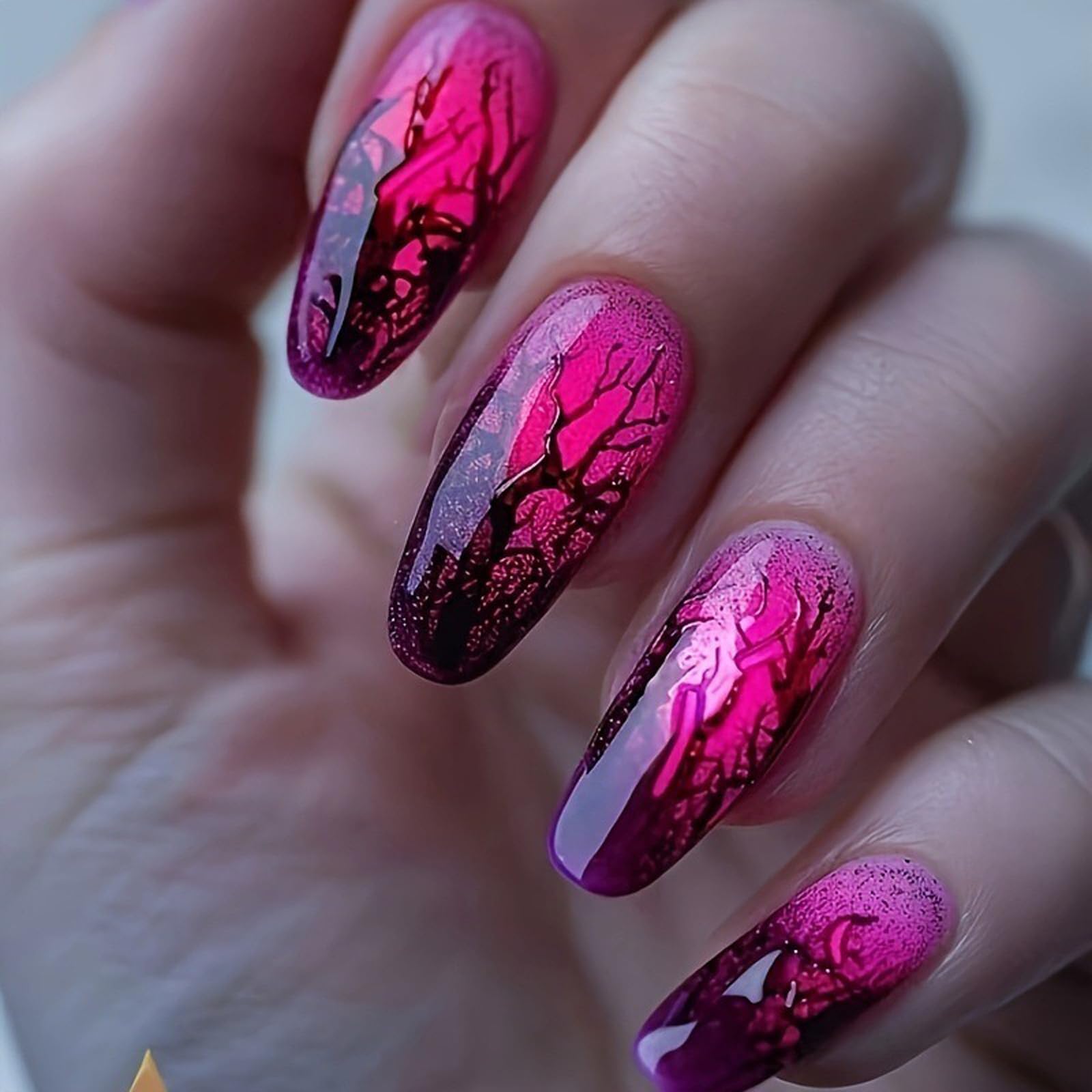 Photo 1 of ***2 pACK*** Halloween Press on Nails Medium Almond Fake Nails Withered Tree Stick on Nails Pink Gradient Glue on Nail The Day of Dead False Nail Glossy Acrylic Nail Full Cover Kit for Women Girl 24Pcs