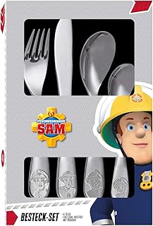 POS 27138 - Besteckset mit Feuerwehrmann Sam Prägung, 4 teiliges Kinderbesteck aus rostfreiem Edelstahl, spülmaschinengeeignet, bestehend aus Messer, Gabel, großer und kleiner Löffel