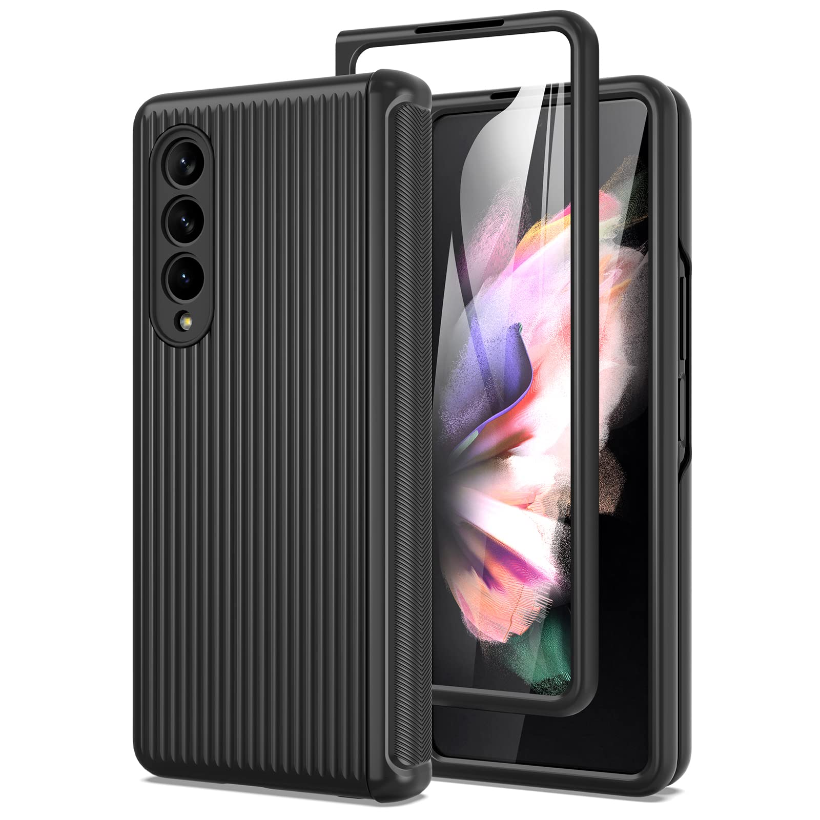 Photo 1 of MAKAVO for Samsung Galaxy Z Fold 3 5G Case with Hinge Protection, Built-in Tempered Glass Screen Protector, Slim Fit 3D Non-Slip Texture 360 Degree Shockproof Phone Cover (Black)