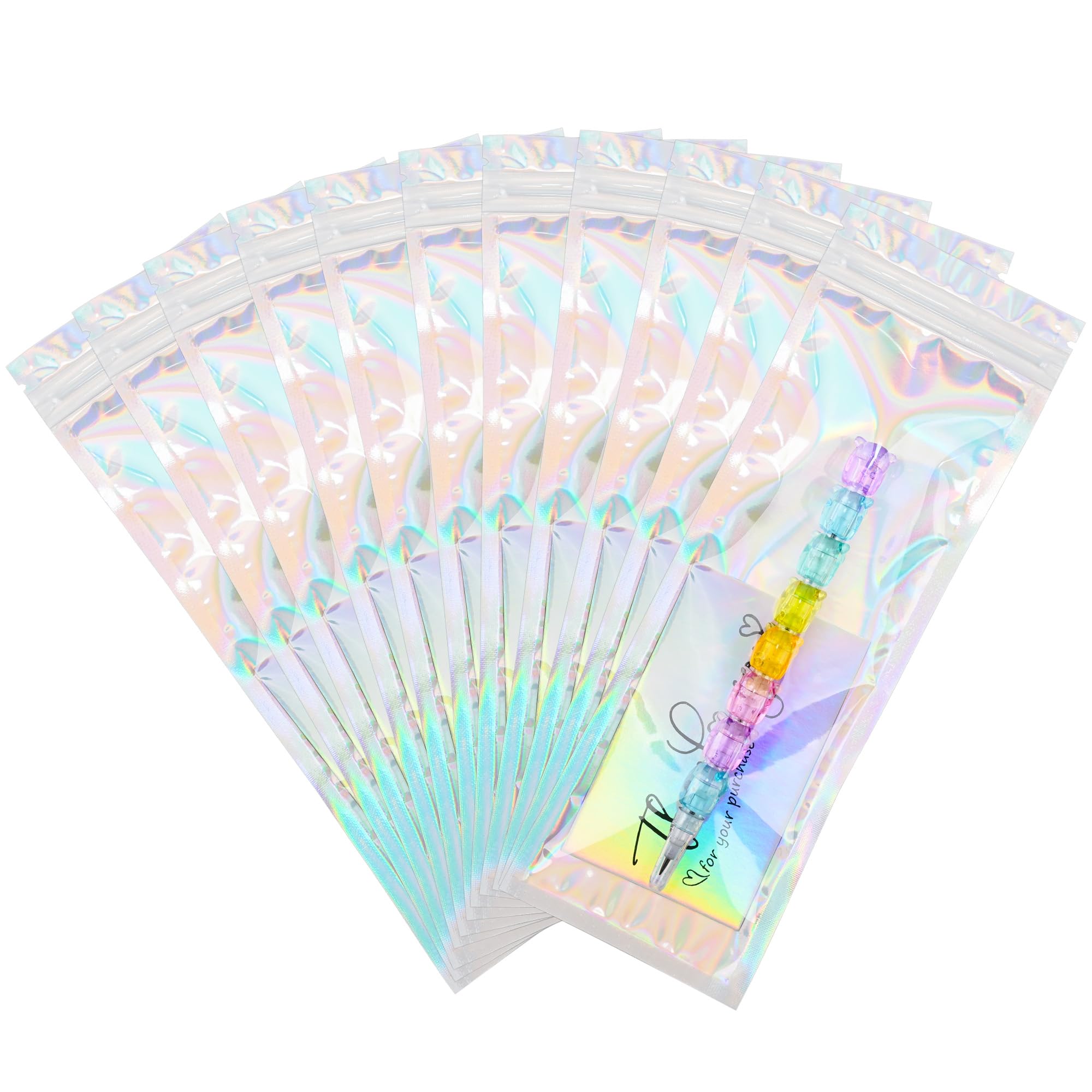Photo 1 of 100 Pack Holographic Resealable Plastic Bags for Food Storage, Zipper Bags with Clear Front Window, Packaging Pouch for Small Business (100 Pack, 3x8.8 inch)