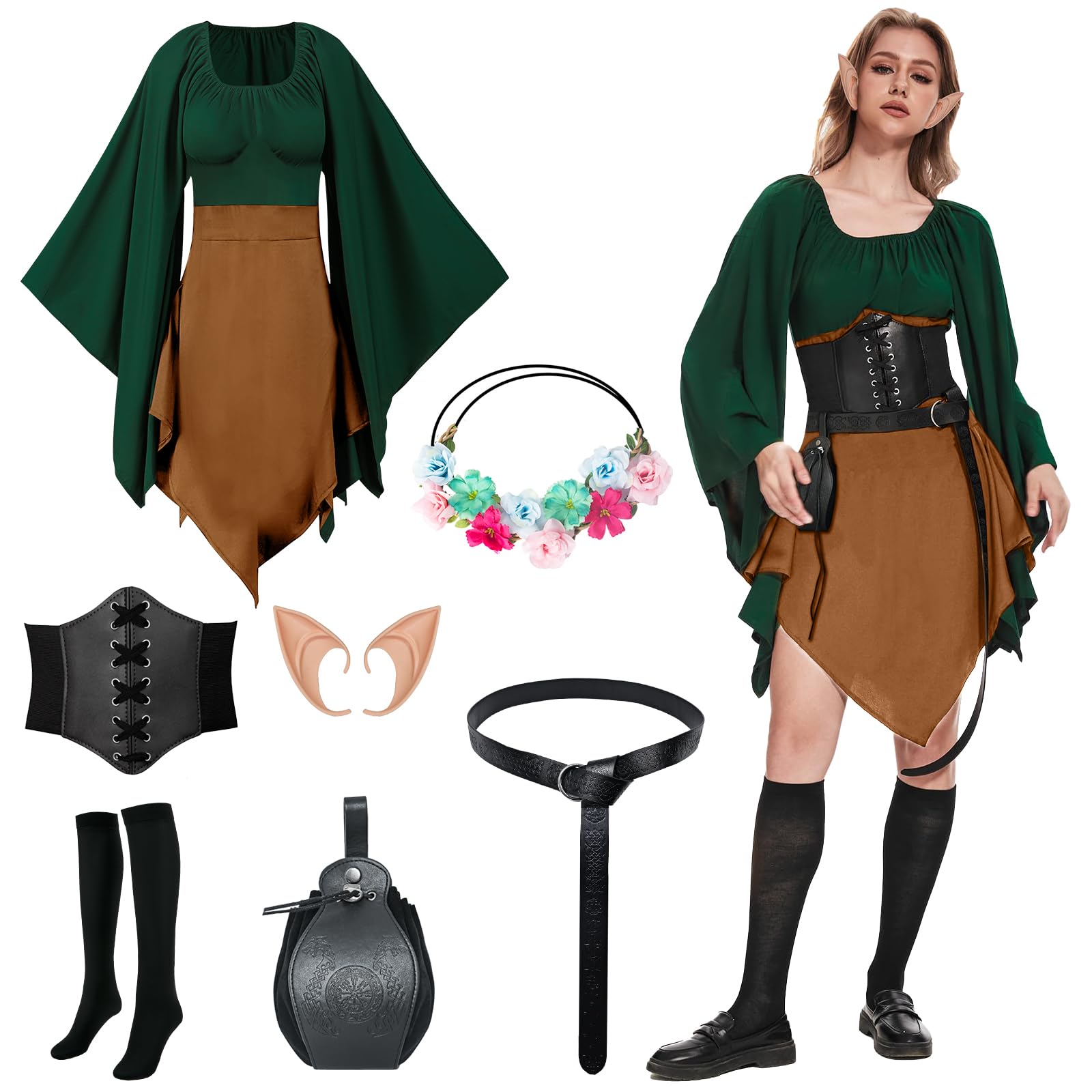 PORJDN Medieval Clothing Women's Traditional Irish Dress Goth Dress Renaissance Elf Costume with Elf Ears, Hair Accessories, Overknee Socks for Halloween Costume Cosplay (Brown, XL)