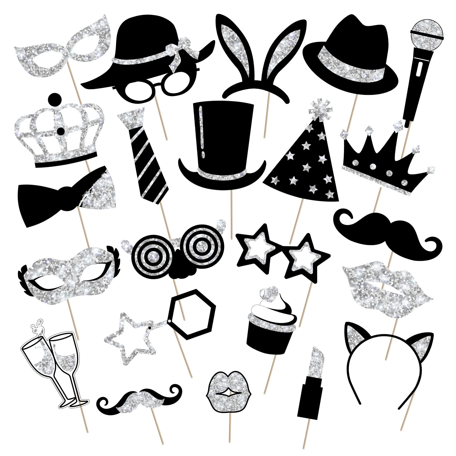 Zonon 24 Pcs Funny Photo Booth Props:Birthday Wedding Graduation, Family Reunion, Class Reunion, Easter, Prom Disco Party Celebration Decoration Supplies - Mix of Hats,Lipstick,Tie(Silvery) — image 1