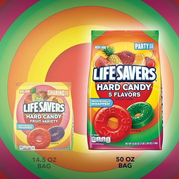 LIFE SAVERS HARD CANDY BAG 5 FLAVORS, HARD CANDY INDIVIDUALLY WRAPPED FOR GOODIE BAGS, ROAD TRIPS, TREATS, OFFICES, CELEBRATIONS, 3.125 LB PARTY SIZE