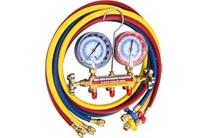DRAKO-MYXX 2026 Upgrade 42006 Test and Charge Manifold Set with 3-1/8" (80 mm) Gauge, for R-22/134A/404A, 1/4" to 1/4" Standard Flare Fittings with 72"(6Ft), Hvac Gauges with Colored Label and Hoses Set