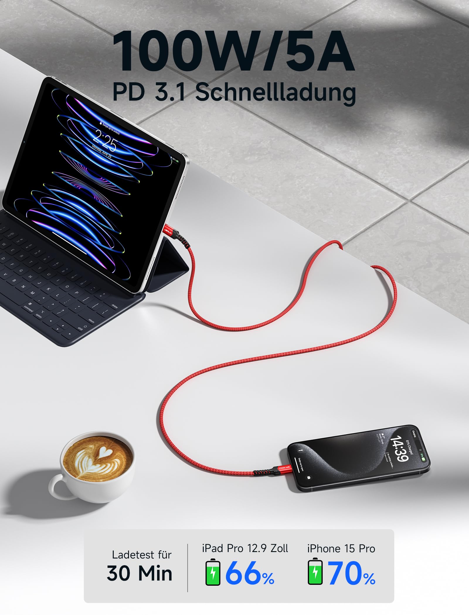 JSAUX USB C auf USB C Kabel für iPhone 17, 100W/5A USB C Gewebtes Ladekabel Schnellladekabel Kompatibel mit iPhone 17 Air 16 15 Pro Max Samsung Galaxy S25 S24 A54 MacBook iPad (2-Stück 2M+2M) Rot 3