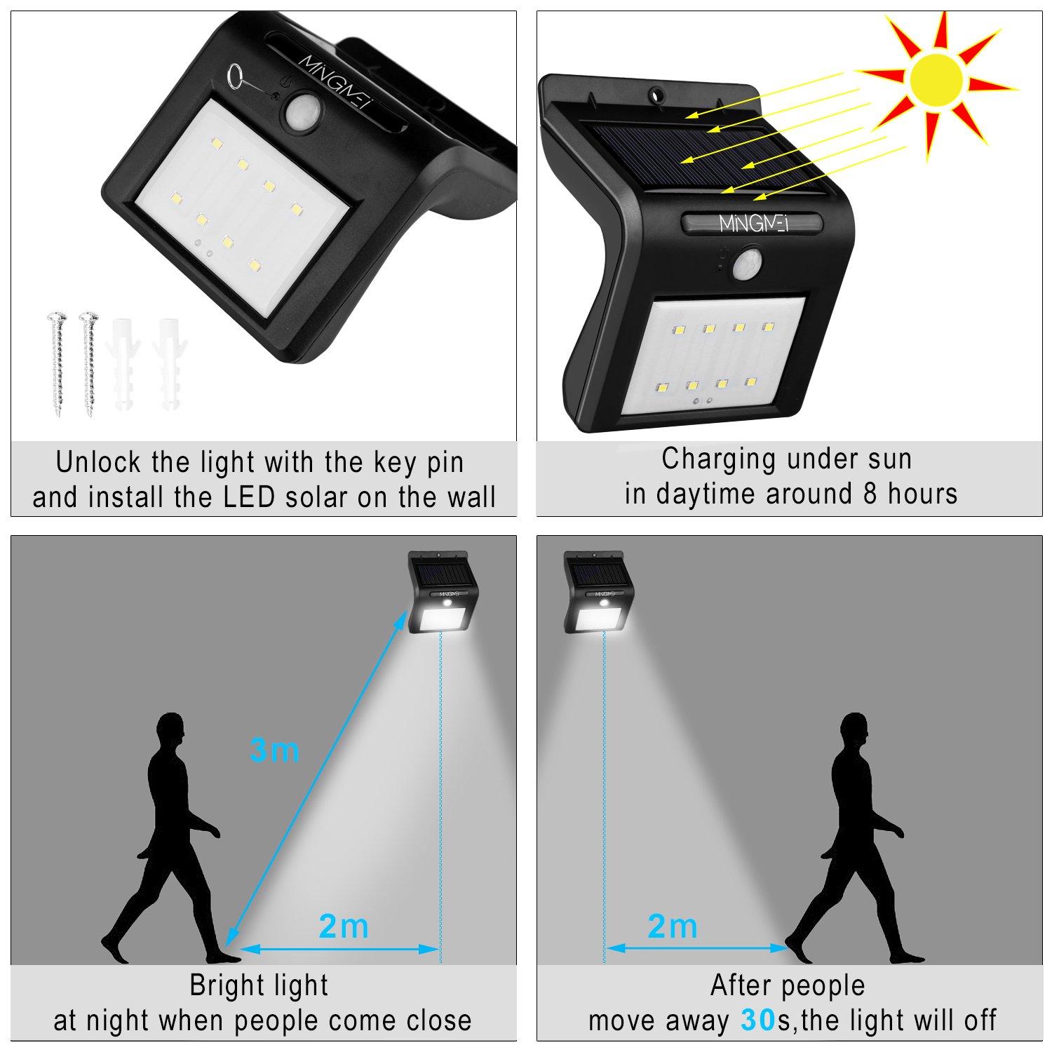 8 LED Solarleuchte mit Bewegungsmelder, Tegrace Wetterfeste Solarleuchte Garten, 8 Helle LED Solarlampe Außenleuchten für Garten usw (2 Stück)