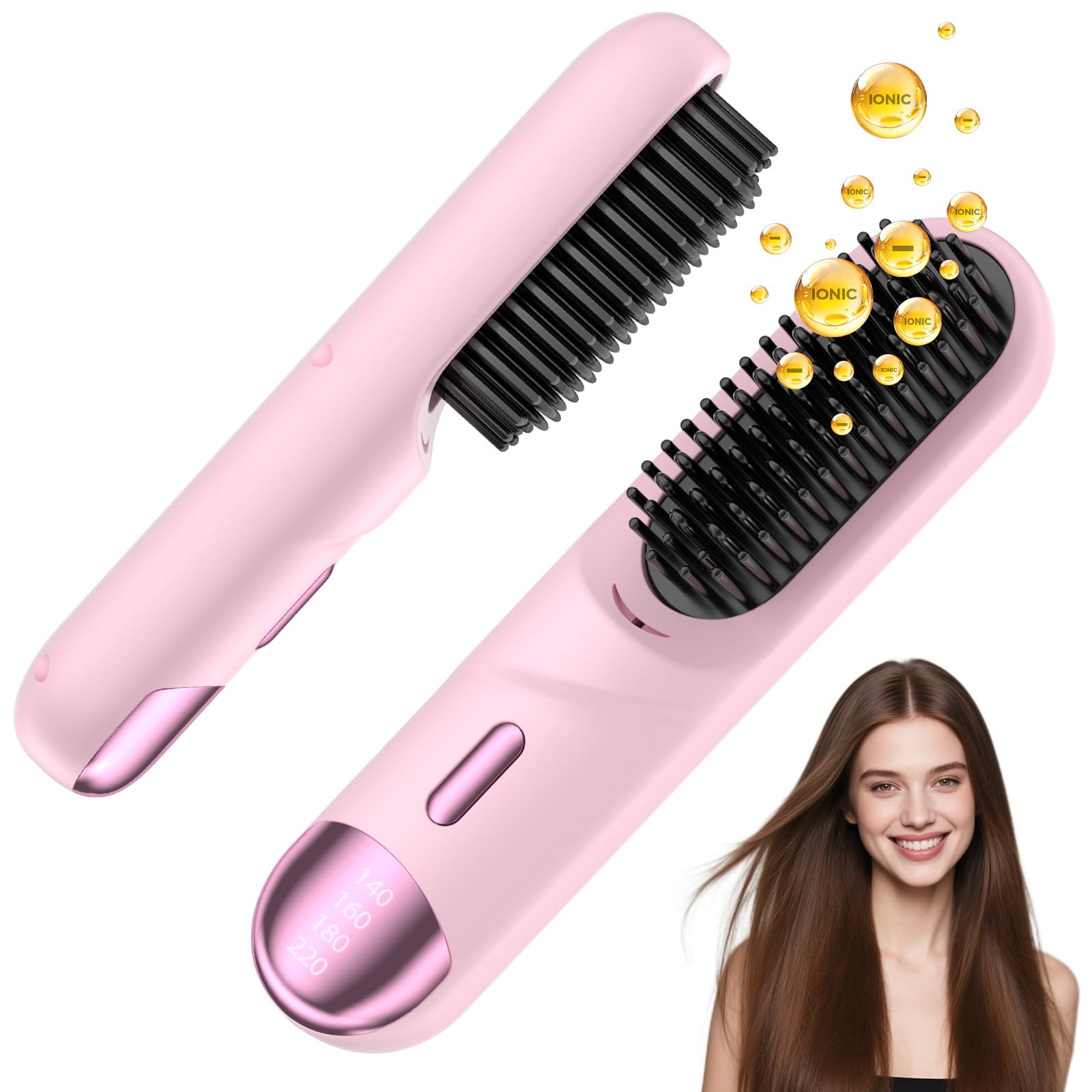 Photo 1 of Go Brush Pro 2026 Hair Straightener Brush 300 Million Negative Ionic Portable Hair Straightener Comb for Women with 4 Temps Fast Heating MCH Ceramic Coating Smooth Frizz Hair Light Pink